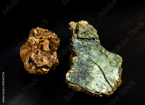 Shiny green muscovite mica mineral sheet isolated on black. Found in Miass, Ural, Russia. For geology mineralogy magazines websites article, Natural Science museum wall chart, stone collection catalog