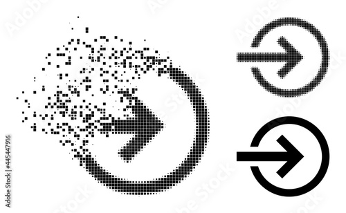 Destructed pixelated import pictogram with destruction effect, and halftone vector pictogram. Pixelated defragmentation effect for import gives speed and motion of cyberspace concepts.
