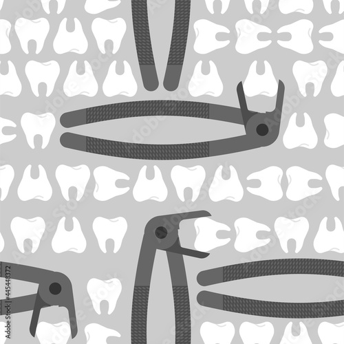 Teeth forceps and teeth pattern seamless. Dentist tool for pulling tooth background