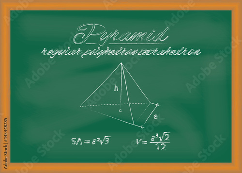 Pyramid. Sketch of geometric figure and formulas for calculating its surface area and volume drawn on chalkboard