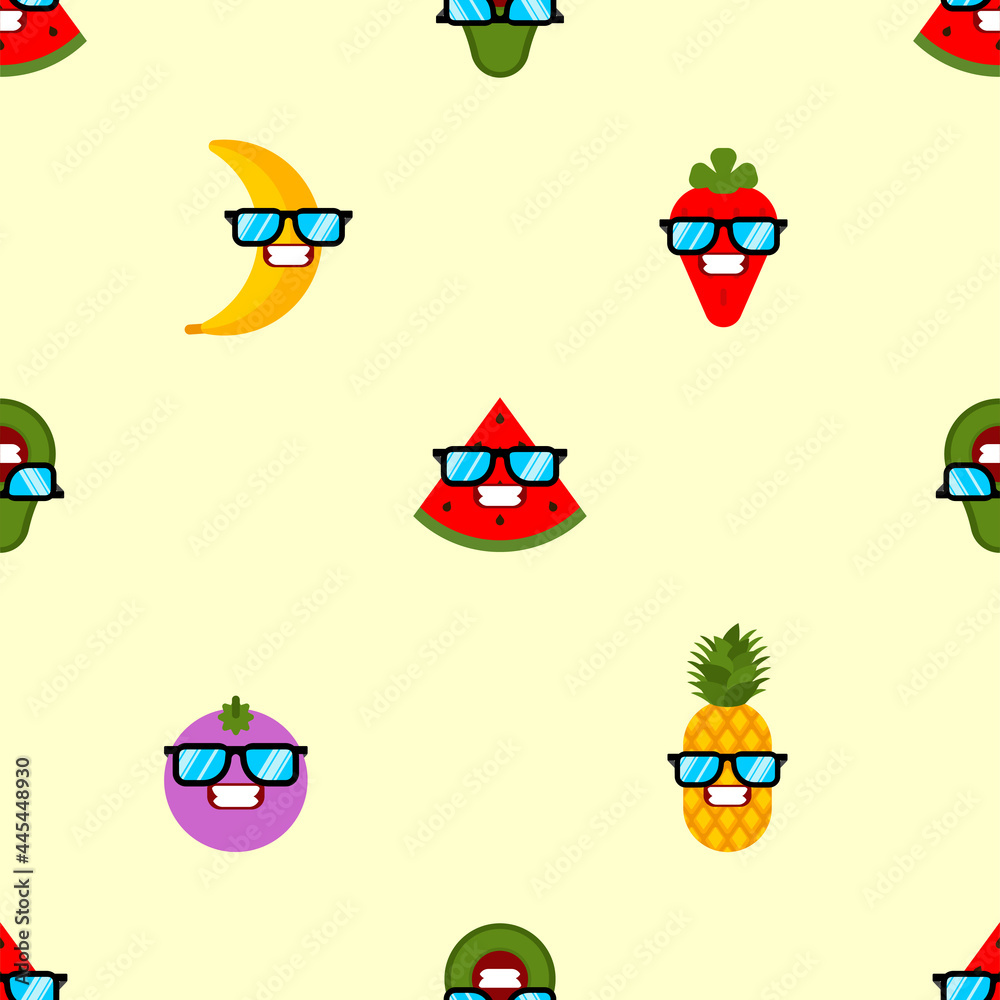 Fruits with glasses pattern seamless. Fruit cool background. Watermelon and banana. Mangosteen and strawberries. Pineapple and Avocado Fruits with glasses pattern seamless. Fruit cool background. Watermelon and banana. Mangosteen and strawberries. Pineapple and Avocado