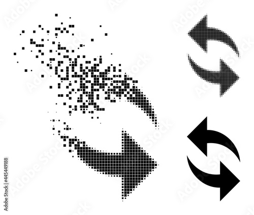 Broken dot refresh glyph with wind effect, and halftone vector image. Pixelated fragmentation effect for refresh gives speed and motion of cyberspace items.