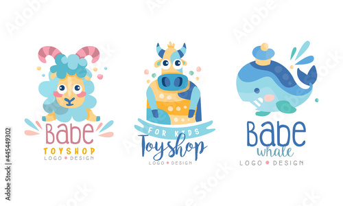 Sheep  Whale  Toy Shop  Creative Logo Design Set  Kids Shop Brand Identity Badges Cartoon Vector Illustration