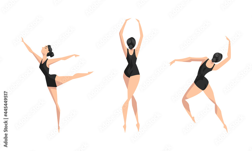 Girl Ballet Dancer Dancing in Black Leotard Set, Young Woman Performing Art Gymnastics Exercises Cartoon Vector Illustration