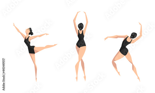 Girl Ballet Dancer Dancing in Black Leotard Set, Young Woman Performing Art Gymnastics Exercises Cartoon Vector Illustration