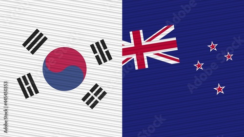 New Zealand and South Korea Two Half Flags Together Fabric Texture Illustration