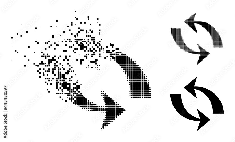 Decomposed pixelated refresh icon with destruction effect, and halftone vector icon. Pixelated dissolving effect for refresh demonstrates speed and movement of cyberspace concepts. Decomposed pixelated refresh icon with destruction effect, and halftone vector icon. Pixelated dissolving effect for refresh demonstrates speed and movement of cyberspace concepts.