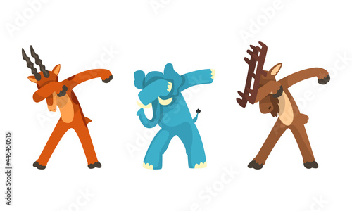 Animals Standing in Dub Dance Pose Set, Goat, Elephant, Moose Doing Dabbing Cartoon Vector Illustration