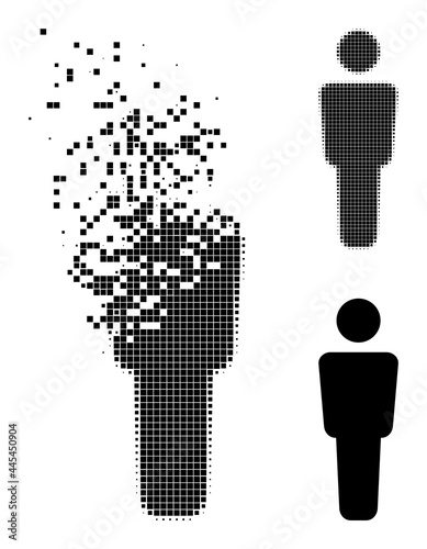 Destructed pixelated man alone pictogram with wind effect, and halftone vector pictogram. Pixelated degradation effect for man alone shows speed and motion of cyberspace abstractions.