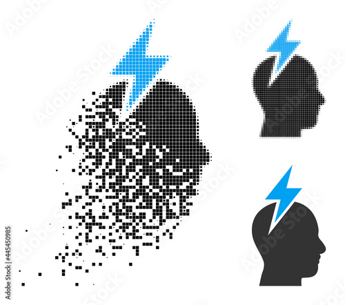 Decomposed pixelated headache icon with wind effect, and halftone vector image. Pixelated fragmentation effect for headache reproduces speed and motion of cyberspace concepts.