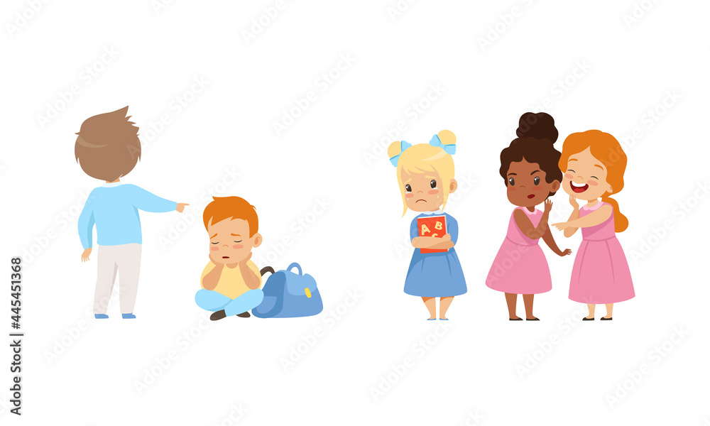 Bullying at School Concept, School Girls Laughing and Pointing at Sad Girl, Boy Pointing at Upset Boy Sitting on Floor Cartoon Vector Illustration Bullying at School Concept, School Girls Laughing and Pointing at Sad Girl, Boy Pointing at Upset Boy Sitting on Floor Cartoon Vector Illustration