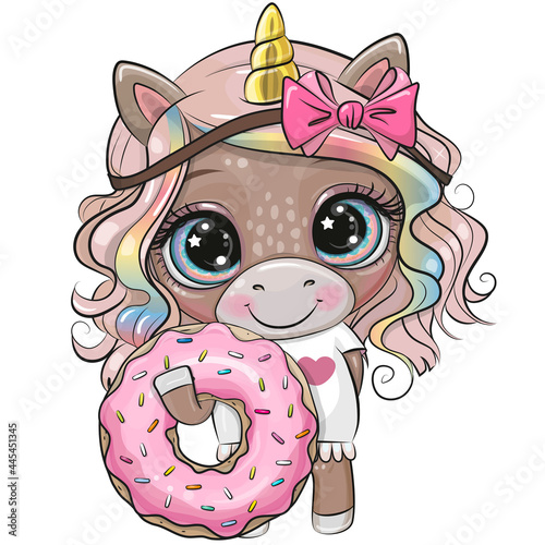 Fototapeta Naklejka Na Ścianę i Meble -  Cartoon Unicorn with donut on a white background