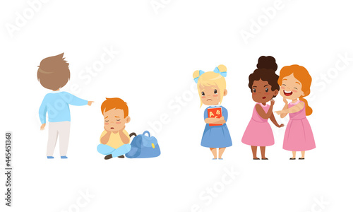 Bullying at School Concept, School Girls Laughing and Pointing at Sad Girl, Boy Pointing at Upset Boy Sitting on Floor Cartoon Vector Illustration