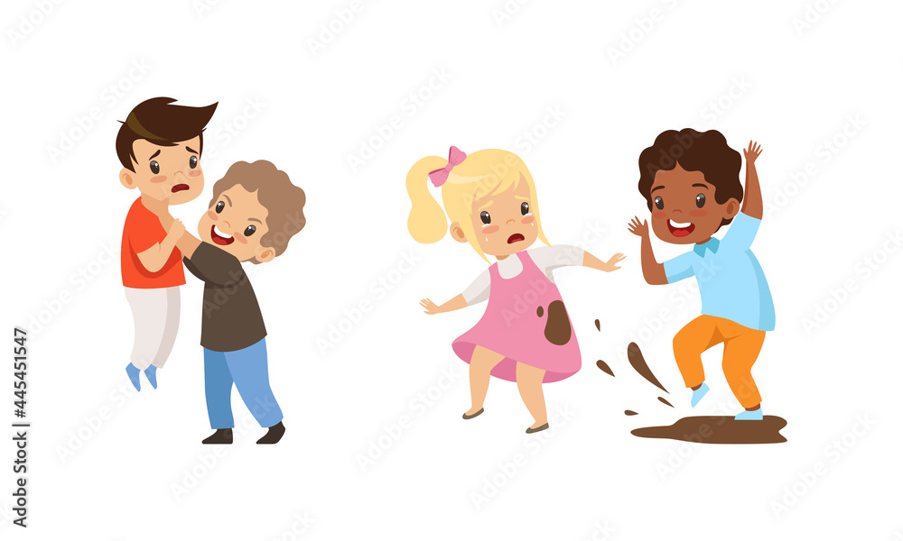 Bullying at School Concept, Angry Little Boys and Girls Fighting Each Other Cartoon Vector Illustration Bullying at School Concept, Angry Little Boys and Girls Fighting Each Other Cartoon Vector Illustration