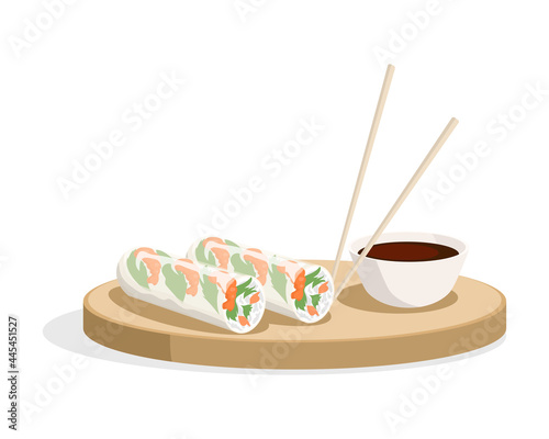Spring rolls and soy sauce with chopsticks on the plate vector flat illustration isolated on white. Traditional Asian dish. Fresh vegetables and shrimps in rice paper. Chinese or Vietnam food.
