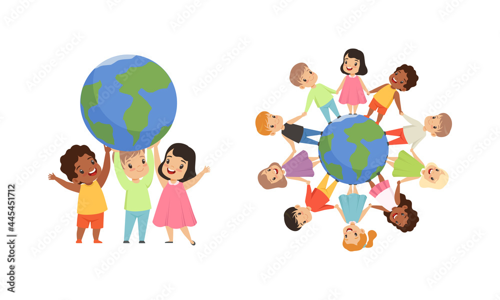 Friendship, Unity, Earth Planet Protection, Kids Holding Hands Standing the World Cartoon Vector Illustration Friendship, Unity, Earth Planet Protection, Kids Holding Hands Standing the World Cartoon Vector Illustration
