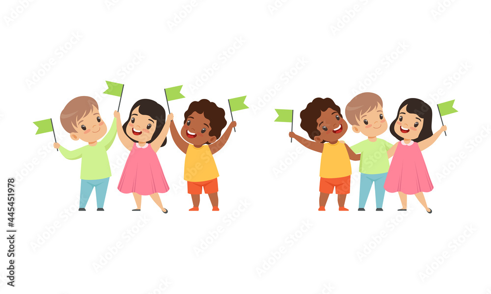 Happy Multicultural Kids Standing Together with Green Flags, Friendship, Unity, Earth Planet Protection Cartoon Vector Illustration