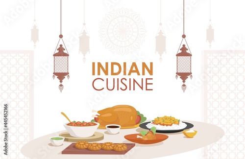 Indian cuisine vector flat poster design with space for text. Fresh and tasty Indian dishes, chicken stew, stuffed chicken, curry with rice, vegetables. Traditional Indian restaurant banner template.