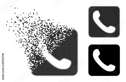 Disappearing pixelated phone icon with destruction effect, and halftone vector composition. Pixel disappearing effect for phone demonstrates speed and movement of cyberspace items.