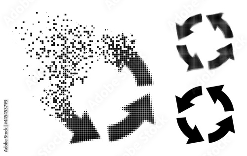 Fragmented pixelated circulation icon with wind effect, and halftone vector icon. Pixelated degradation effect for circulation shows speed and movement of cyberspace items.