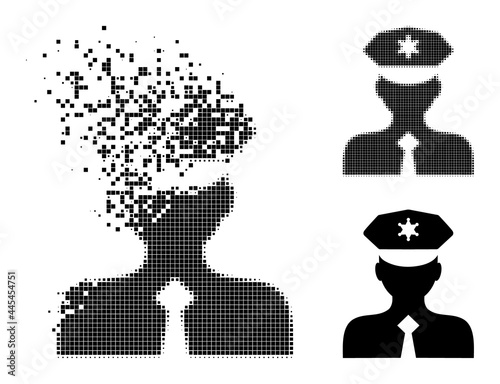 Moving pixelated police officer pictogram with destruction effect, and halftone vector pictogram. Pixelated abrasion effect for police officer shows speed and movement of cyberspace items.