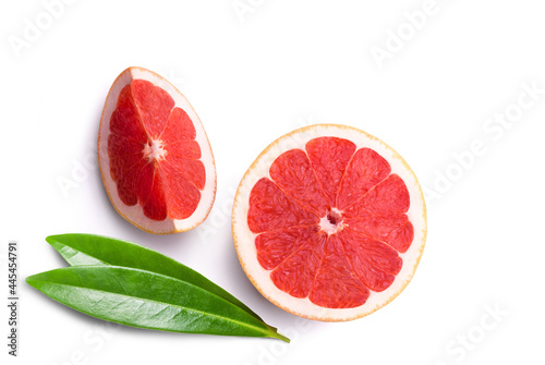 Juicy grapefruit slices isolated on white background, top view. Fresh fruits.