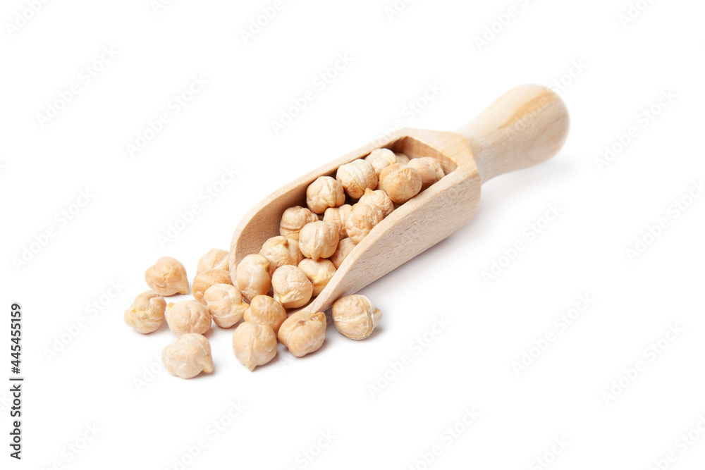 Raw chickpea beans in wooden scoop isolated on white background. Uncooked chickpeas. Healthy eating Raw chickpea beans in wooden scoop isolated on white background. Uncooked chickpeas. Healthy eating