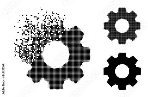 Dissipated pixelated gear pictogram with destruction effect, and halftone vector image. Pixelated creation effect for gear reproduces speed and motion of cyberspace abstractions.
