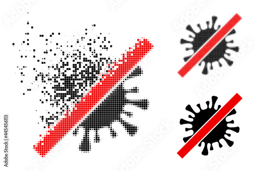 Broken dotted remove coronavirus pictogram with destruction effect, and halftone vector icon. Pixel dispersing effect for remove coronavirus demonstrates speed and motion of cyberspace items.