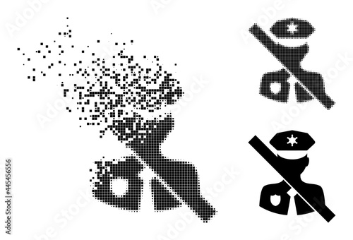 Dissolved pixelated no police guard pictogram with destruction effect, and halftone vector pictogram. Pixelated dust effect for no police guard demonstrates speed and motion of cyberspace objects.