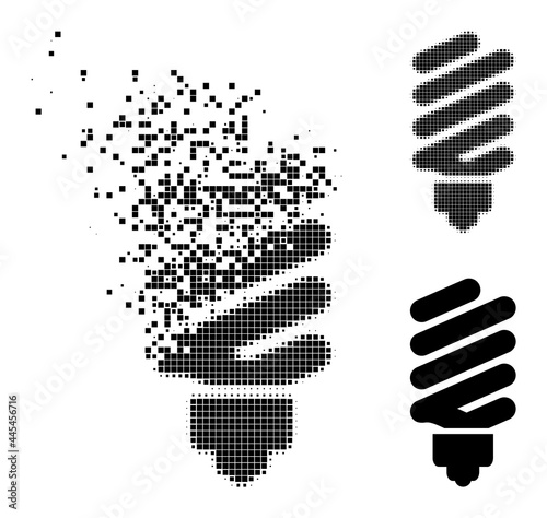 Dispersed pixelated fluorescent bulb glyph with wind effect, and halftone vector symbol. Pixel dematerialization effect for fluorescent bulb shows speed and movement of cyberspace concepts.
