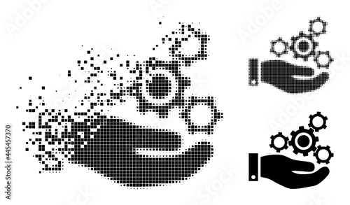 Dust pixelated mechanics service icon with destruction effect, and halftone vector composition. Pixelated dissolving effect for mechanics service shows speed and motion of cyberspace matter.