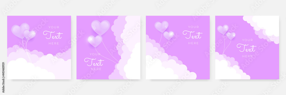 Valentine's day concept posters set. Vector illustration. 3d blue green purple and pink paper hearts with frame on geometric background. Cute love sale banners or greeting cards