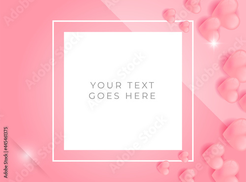 Love background with gift box postcard. Paper flying elements on pink background. Vector symbols of love in shape of heart for Happy Women's, Mother's, Valentine's Day, birthday greeting card design