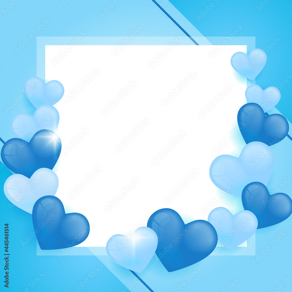 Blue love background with square size for universal greeting card. Paper art style of valentine's day greeting card and love concept. Blue love balloon with 3d realistic concept