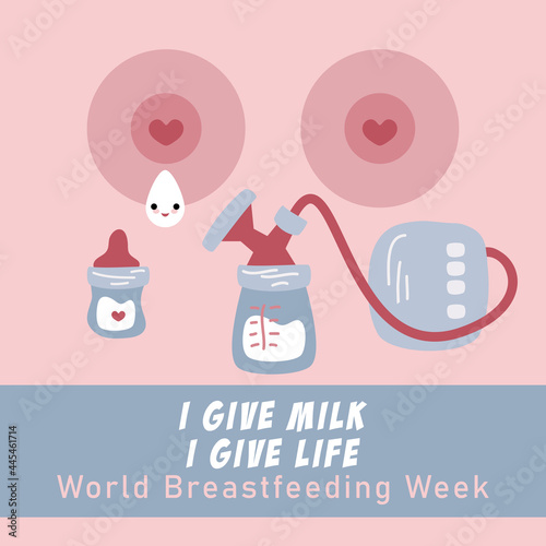 World Breastfeeding week background vector illustration. Breast pump, breast milk pumping