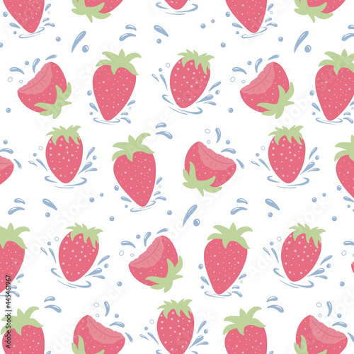 Fototapeta Naklejka Na Ścianę i Meble -  Seamless pattern of fresh strawberries. Strawberries with water drops. Vector cartoon background.