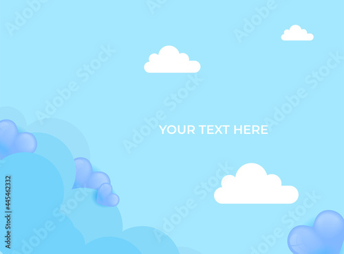 Valentine’s Day blue pastel modern border frame design for Website, greeting or Sale banner, flyer, poster in paper cut style with cute flying Origami Hearts over clouds on background.