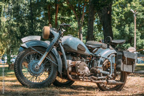 World War II German Wehrmacht Old Tricar, Three-wheeled Motorcycle in Summer Forest