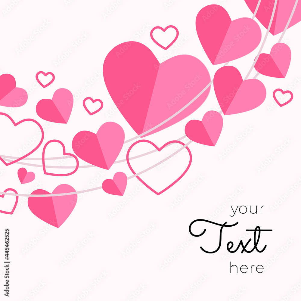 Paper elements in shape of heart flying on pink background. Vector symbols of love for Happy Women's, Mother's, Valentine's Day, birthday greeting card design