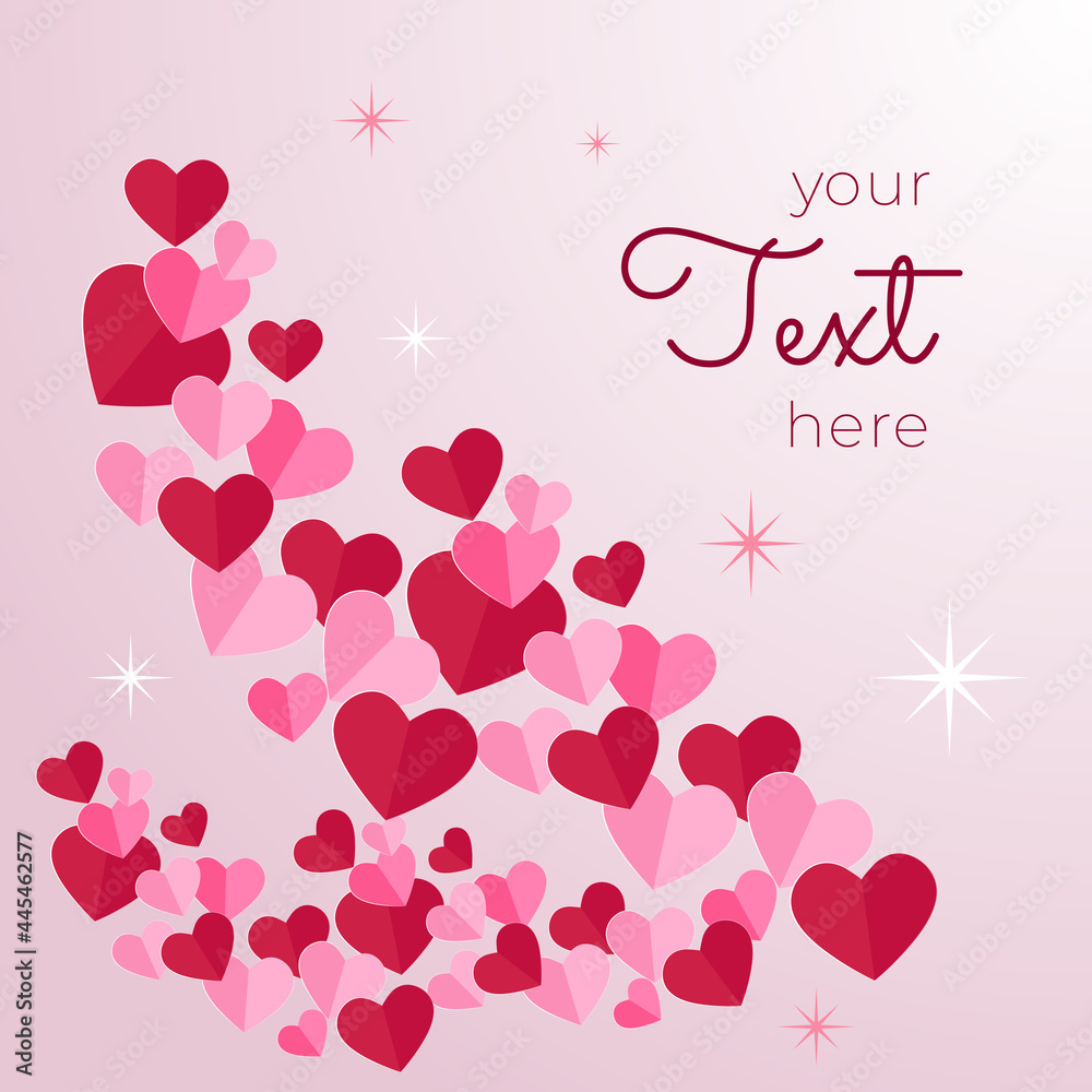 Paper elements in shape of heart flying on pink background. Vector symbols of love for Happy Women's, Mother's, Valentine's Day, birthday greeting card design Paper elements in shape of heart flying on pink background. Vector symbols of love for Happy Women's, Mother's, Valentine's Day, birthday greeting card design
