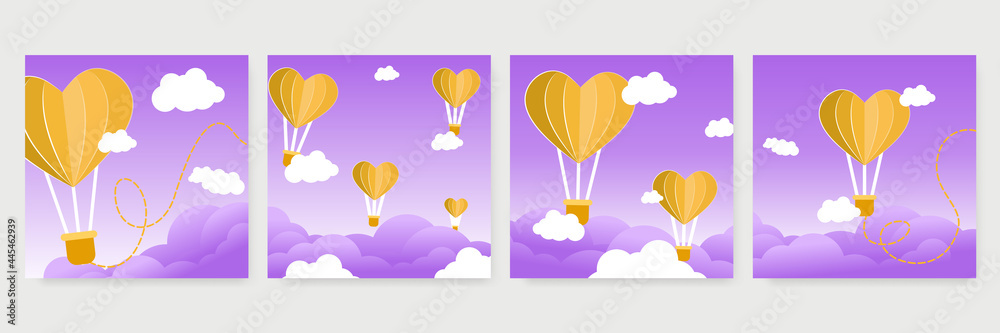 Set of Mothers day, valentine day, birthday greeting cards. Collection of textured delicate Happy Mother's day greeting cards with love, heart, sky, balloon and confetti for social media template