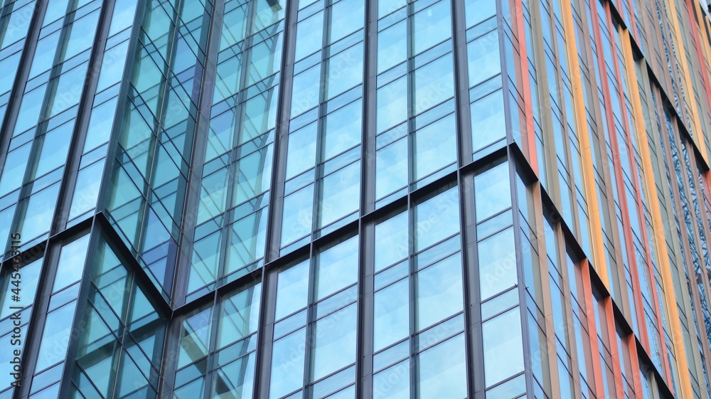 Eco architecture. Green tree and glass office building. The harmony of nature and modernity. Reflection of modern commercial building on glass with sunlight. 