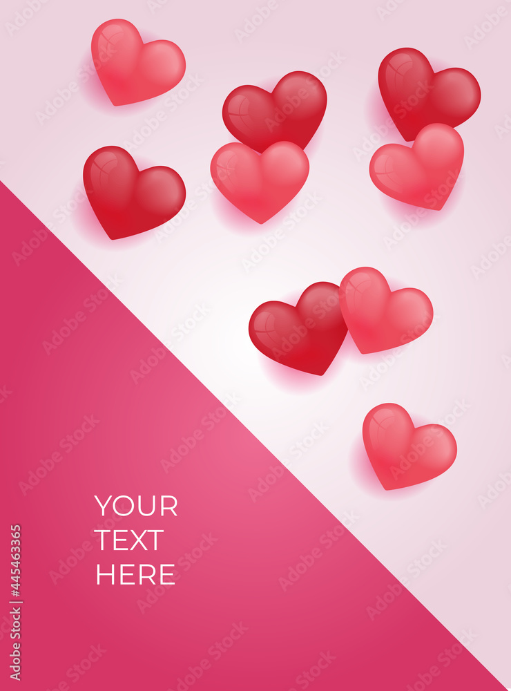 Valentines hearts with gift box postcard. Paper flying elements on pink background. Vector symbols of love in shape of heart for Happy Women's, Mother's, Valentine's Day, birthday greeting card design