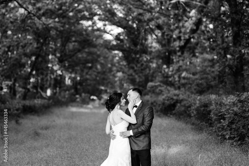 A couple in love a guy and a girl on a walk in the forest belt