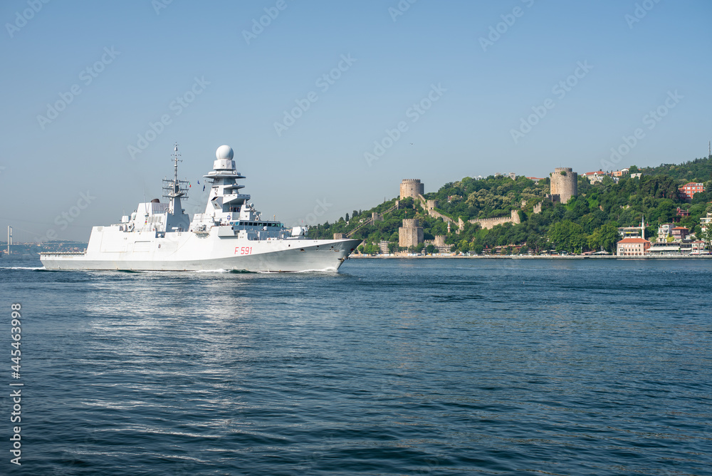 Istanbul  Turkey - 07.15.2021: Warship in the Bosphorus