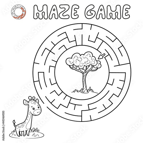 Maze puzzle game for children. Outline circle maze or labyrinth game with giraffe. Vector illustrations