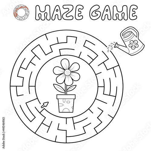 Maze puzzle game for children. Outline circle maze or labyrinth game with flower. Vector illustrations