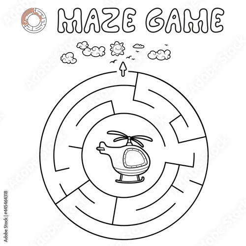 Maze puzzle game for children. Outline circle maze or labyrinth game with helicopter. Vector illustrations