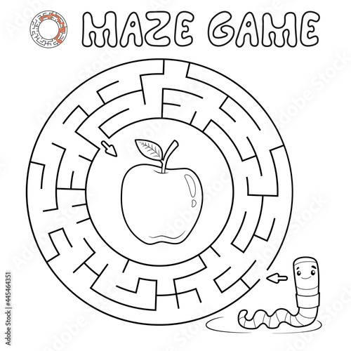 Maze puzzle game for children. Outline circle maze or labyrinth game with worm. Vector illustrations